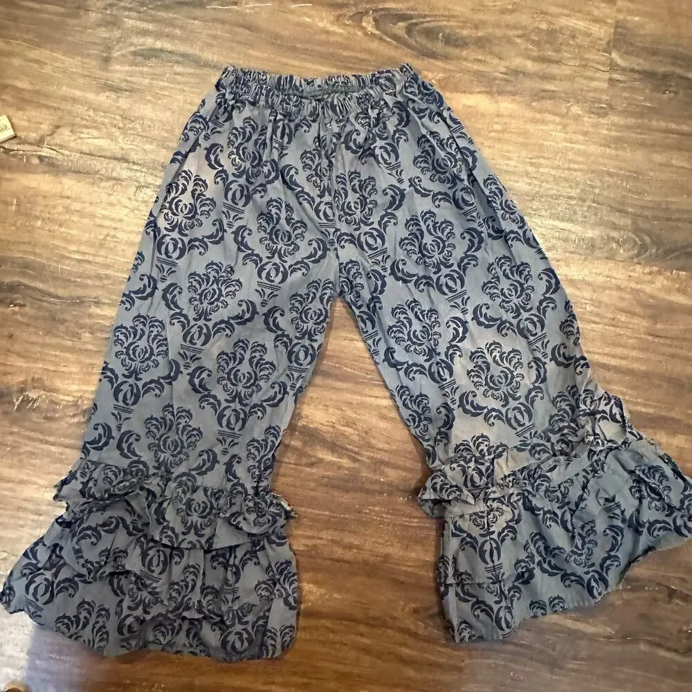 Servane Barrau Gray Blue Damask Ruffle Pants Cotton Girls 6 7